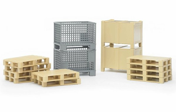 Logistik-Zubehör – 2 Gitterboxen, 2 Kisten und 10 Paletten