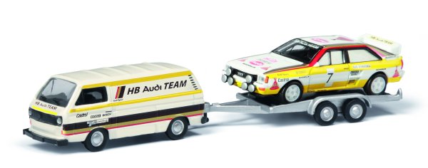 VW T3 "HB Audi Team" mit Anhänger und Audi Quattro Rally, 1:87